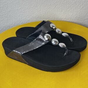 FitFlop Sandals Women Pewter Snake Print Rhinestone Petra Thong Platform Size 10